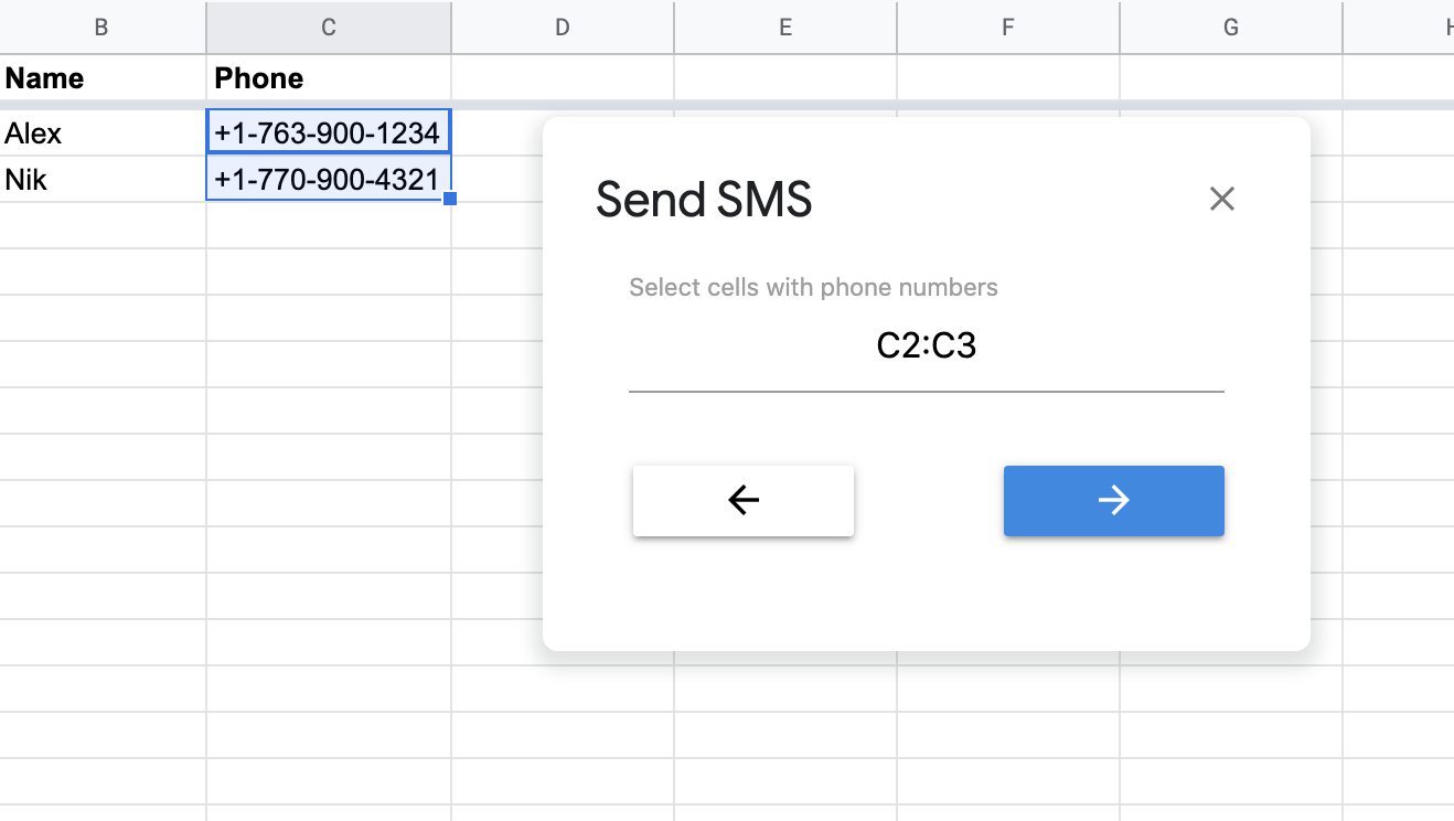 Send SMS - Select cells with phone numbers